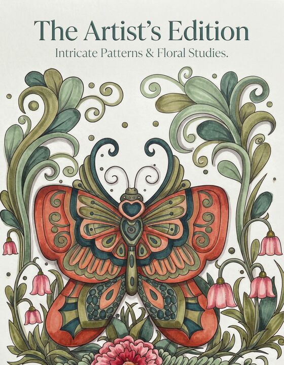 Cover of The Artist's Edition, showing a colored symmetrical butterfly framed by leaves and bellflowers.