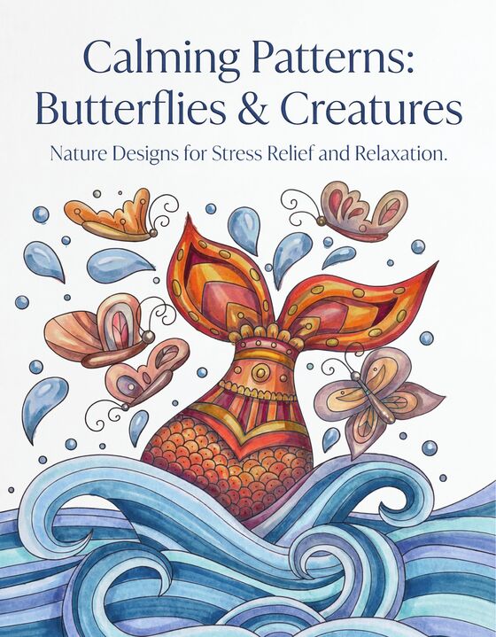 Cover of Butterflies and Creatures, showing a colored whale tail rising from waves with butterflies around it.