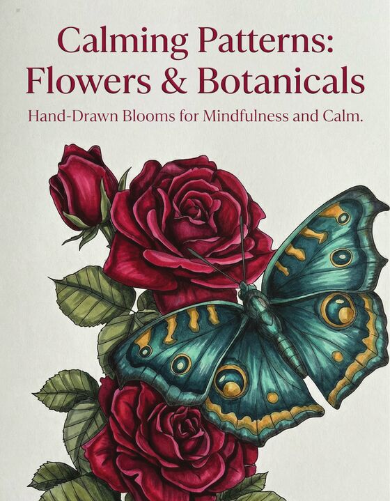 Cover of Flowers and Botanicals, showing colored red roses with a teal butterfly.