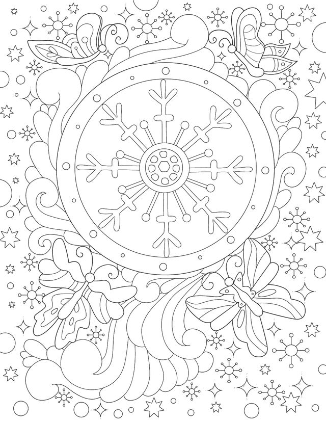 A page inside: a large snowflake medallion surrounded by swirls and stars