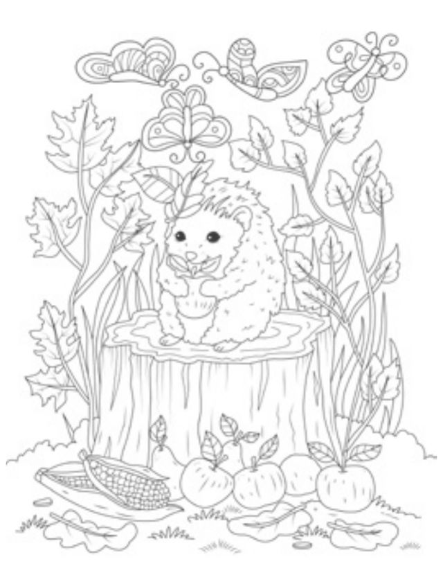 A drawing of a hedgehog on a tree stump among leaves and apples